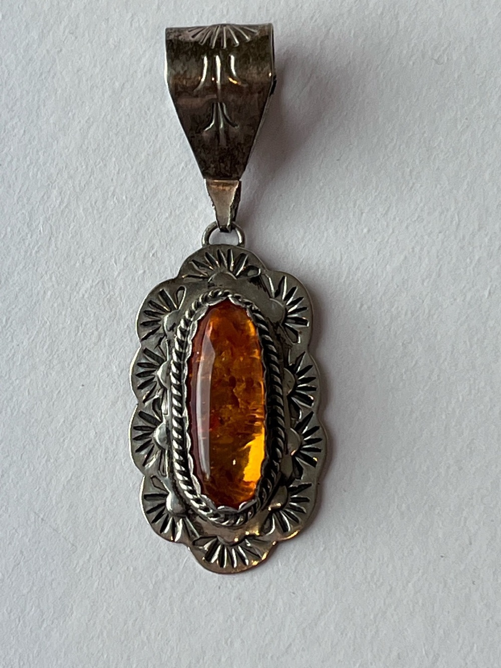 Vintage Sterling Silver Navajo Amber Chunky Pendant